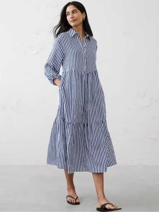 Banana Republic Dresses & Skirts - NWT! Banana Republic Blue Stripe Tiered Midi Poplin Shirtdress - Size Small 🎈